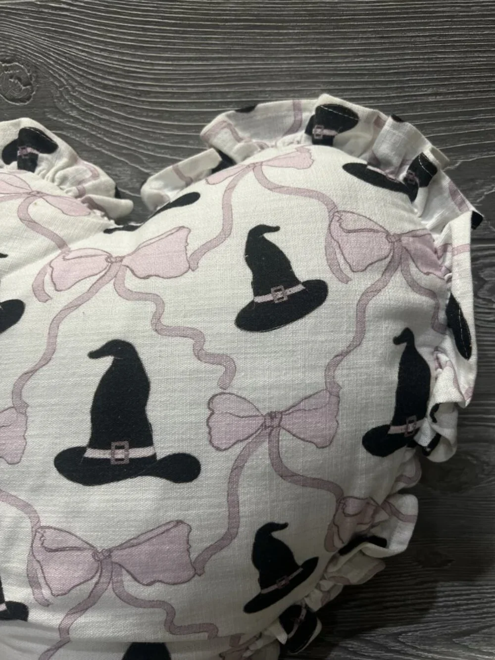 Heart Shaped Witch Hat and Bows Print Pillow Pink & Black Ruffle Trim 14”
